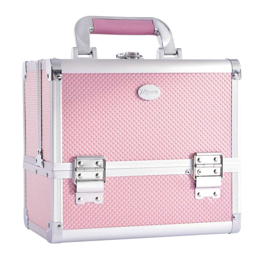 Bingo Makeup Box Cosmetics Case Jewelry Organiser Vanity Make Up Storage Boxes with Mirror and One Brushes Holder Key Locks,Pink